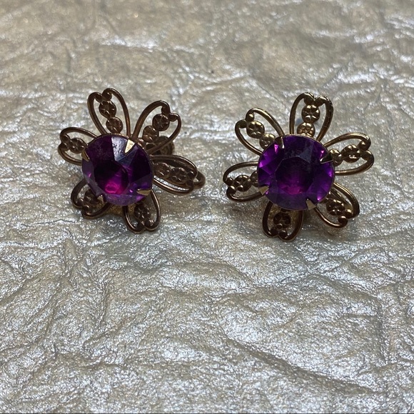 Vintage Copper w/ Purple Crystal Flower Screw Back - Picture 4 of 6